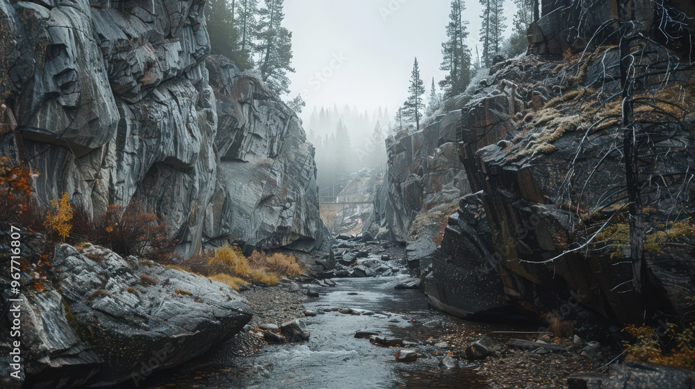 Fototapeta premium A stream running through a rocky terrain with dramatic cliffs rising on either side, emphasizing the rugged beauty of the landscape