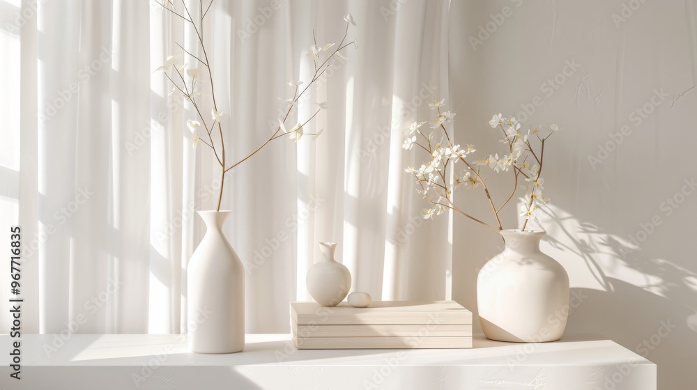 Elegant minimalist vases with delicate branches and flowers beautifully arranged in soft, natural light on a white surface. Elegant minimalist vases with delicate branches and flowers beautifully arranged in soft, natural light on a white surface.