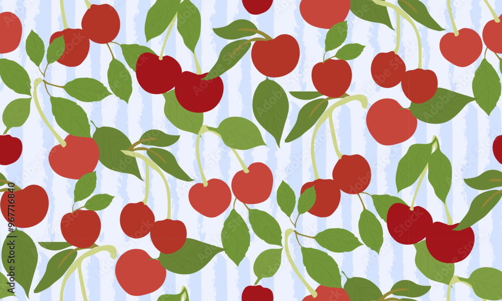 Summer berries seamless pattern - retro groovy cherries on blue lined background. Aesthetic contemporary design for prints. Summer berries seamless pattern - retro groovy cherries on blue lined background. Aesthetic contemporary design for prints.
