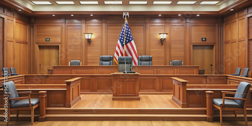Wallpaper Mural Interior of a modern USA court room with wooden benches, judge's chair, American flag, and gavel, court, legal, justice, interior Torontodigital.ca
