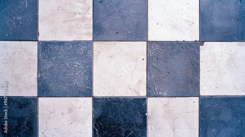 A close-up of an aged, checkered tile floor showcasing a blend of dark blue and white tiles with visible wear and cracks. © VK Studio