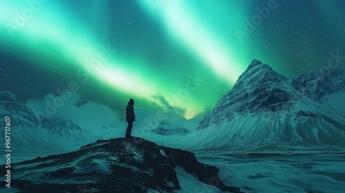 Silhouette of a person watching the aurora borealis over snow-covered mountains.