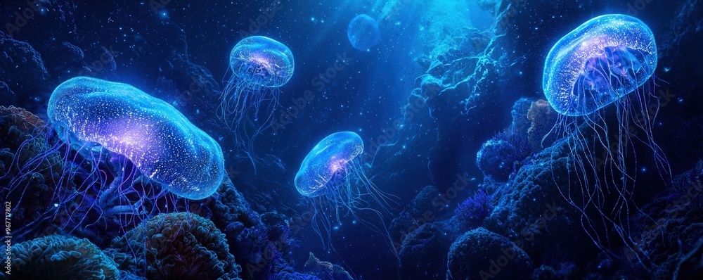 Bioluminescent Jellyfish in a Deep Sea Coral Reef. Bioluminescent Jellyfish in a Deep Sea Coral Reef.