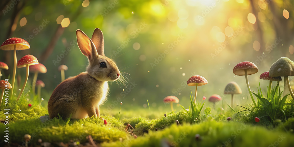 Enchanted mushroom field with a rabbit, mushrooms, forest, fantasy, magical, whimsical, woodland, nature, rabbit Enchanted mushroom field with a rabbit, mushrooms, forest, fantasy, magical, whimsical, woodland, nature, rabbit