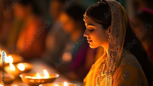 A woman in traditional attire participates in a candle-lit ceremony, symbolizing devotion. photo