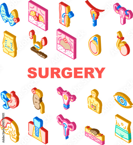 surgery hospital operation icons set vector. anesthesia recovery, scalpel incision, sutures sterile, surgeon patient, procedure surgery hospital operation isometric sign illustrations