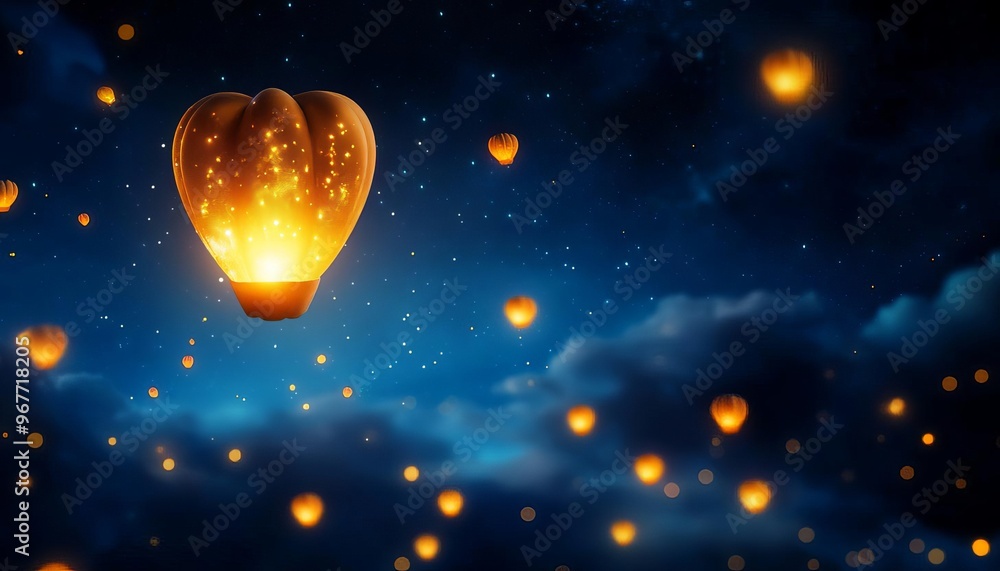 A magical scene of floating lanterns illuminating a night sky, creating a serene and enchanting atmosphere.