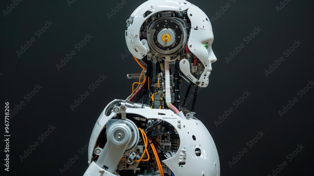 Fototapeta premium Cross-section of a humanoid robot, showing its internal components, such as servos, sensors, and control units that mimic human movement