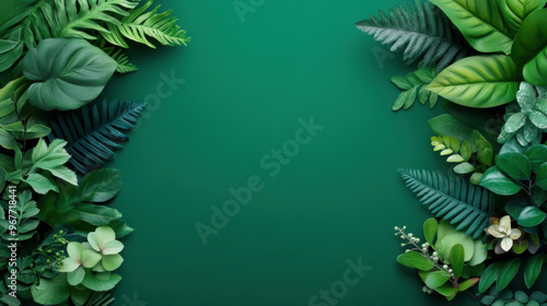 Flat lay of vibrant green tropical leaves framing a central blank space, ideal for text or design elements.