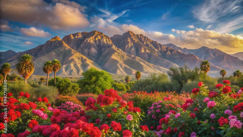 Beautiful desert mountains towering over vibrant rose bushes, desert, mountains, roses, beauty, landscape, nature, scenery, flora Beautiful desert mountains towering over vibrant rose bushes, desert, mountains, roses, beauty, landscape, nature, scenery, flora