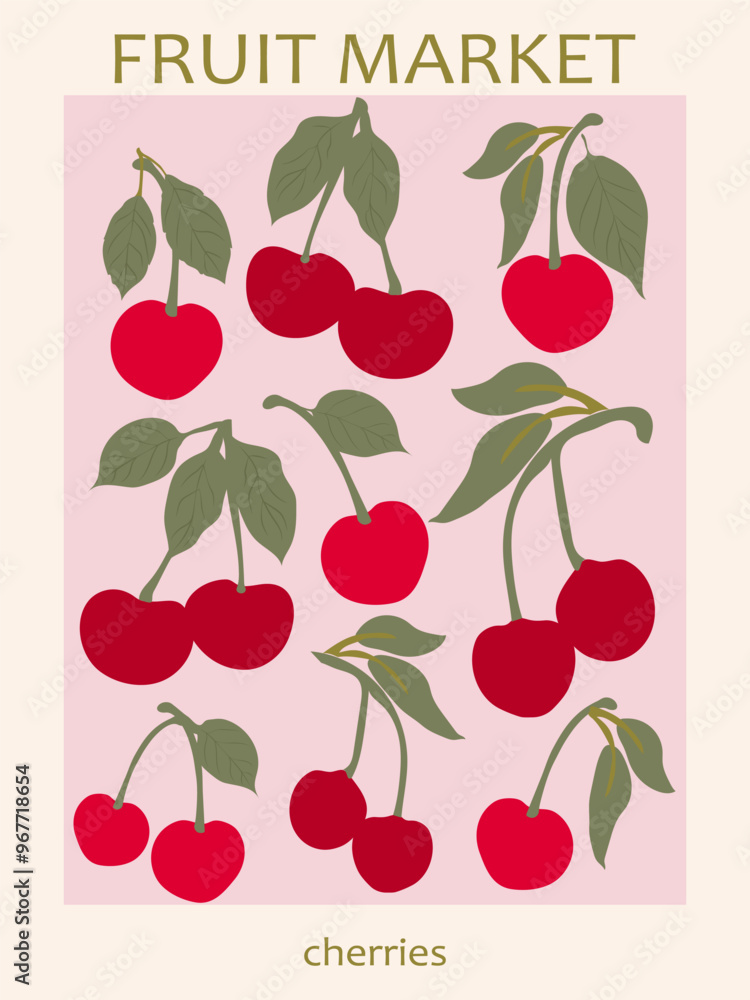 Fruit market - cherry print in pink. Trendy fruits poster. Aesthetic groovy vector illustration. Fruit market - cherry print in pink. Trendy fruits poster. Aesthetic groovy vector illustration.