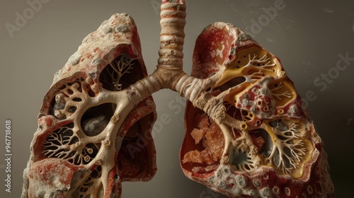 Cross-section of a lung affected by chronic obstructive pulmonary disease (COPD), showing damaged airways and reduced airflow photo