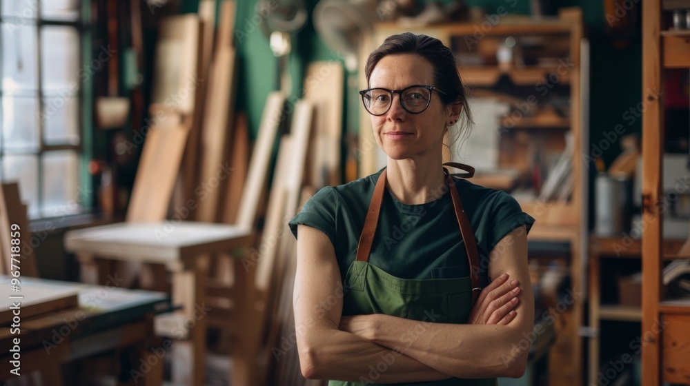 A determined woman in glasses and a green apron looks ahead confidently in a cozy, well-organized woodworking shop, embodying dedication and craftsmanship. A determined woman in glasses and a green apron looks ahead confidently in a cozy, well-organized woodworking shop, embodying dedication and craftsmanship.