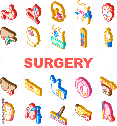 surgery doctor scalpel icons set vector. surgeon hospital, clinic instruments, scrub mask, gloves gown, emergency, trauma surgery doctor scalpel isometric sign illustrations