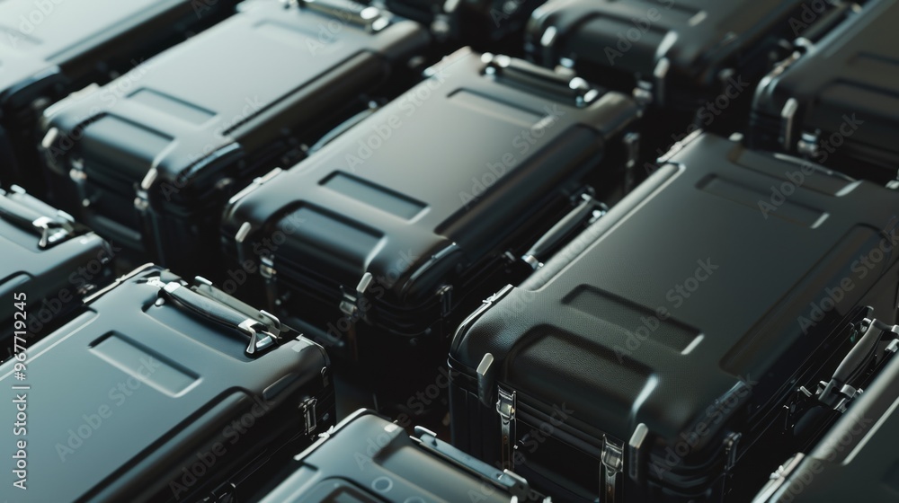 Sleek black travel cases are neatly arranged in rows, showcasing sophisticated design and meticulous organization. Sleek black travel cases are neatly arranged in rows, showcasing sophisticated design and meticulous organization.
