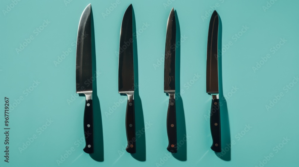 Four sleek, sharp kitchen knives arranged vertically on a bright turquoise background, creating a striking visual contrast and emphasis on precision. Four sleek, sharp kitchen knives arranged vertically on a bright turquoise background, creating a striking visual contrast and emphasis on precision.