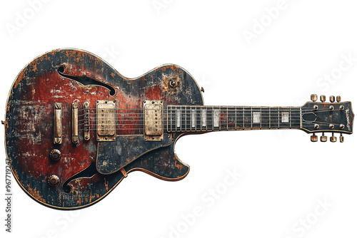 A beautifully aged electric guitar featuring a vintage, distressed body. photo