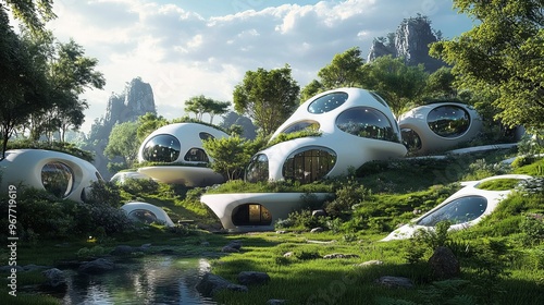 Futuristic dome homes nestled in a lush green valley with a stream flowing through it.