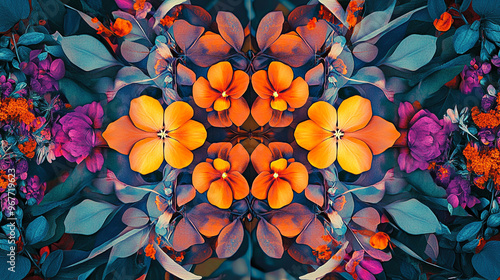 A vibrant illustration of colorful floral patterns featuring orange and purple flowers surrounded by lush greenery