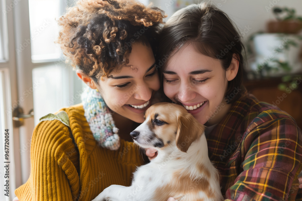 Two young women embrace their adorable dog in a cozy home setting, celebrating LGBTQ pride and love Two young women embrace their adorable dog in a cozy home setting, celebrating LGBTQ pride and love
