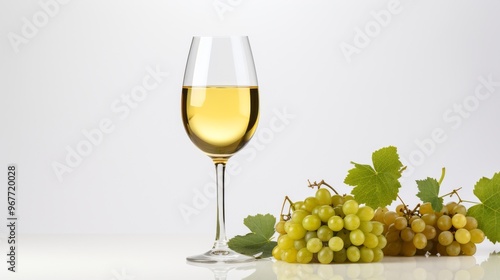 A glass of white wine beside a cluster of green grapes on a light background