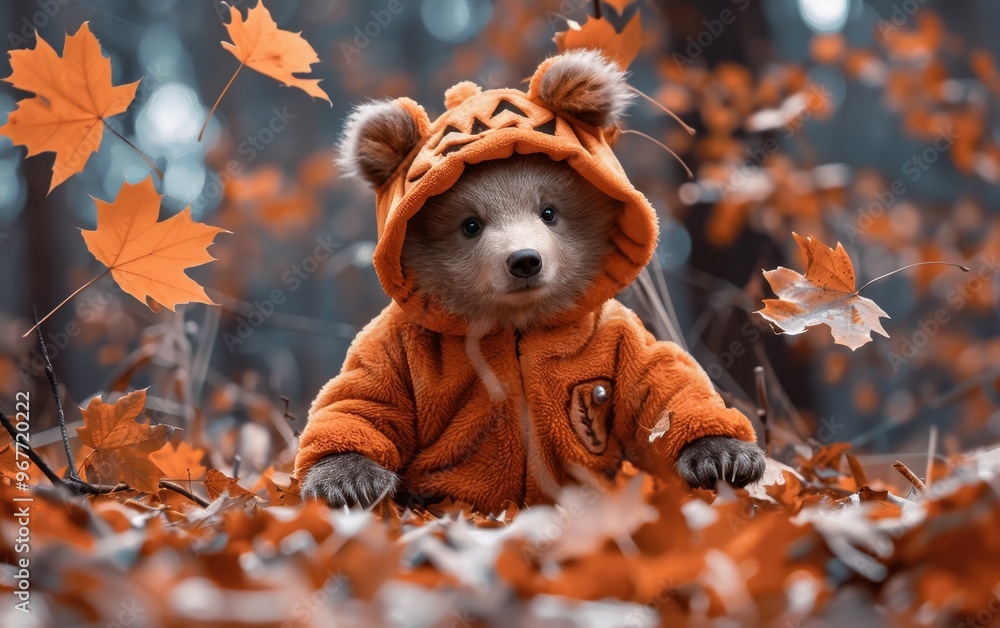 Adorable Bear Cub in Autumn Leaves Adorable Bear Cub in Autumn Leaves