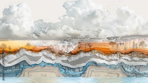 Cross-section of a warm front, explaining how it lifts cold air and creates widespread cloud cover and precipitation photo