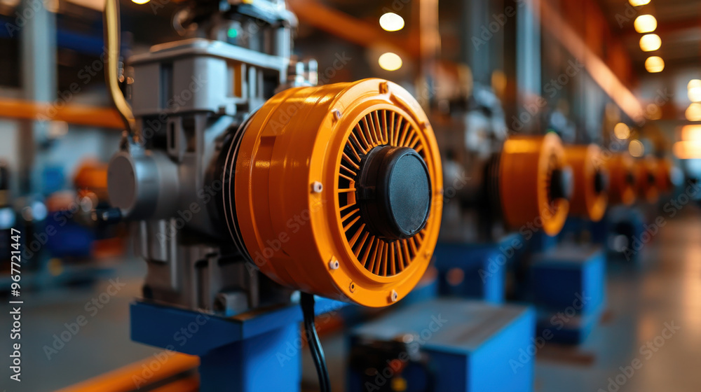 Close-up of a heavy-duty industrial motor in a factory environment, part of a manufacturing assembly line for machinery. Close-up of a heavy-duty industrial motor in a factory environment, part of a manufacturing assembly line for machinery.