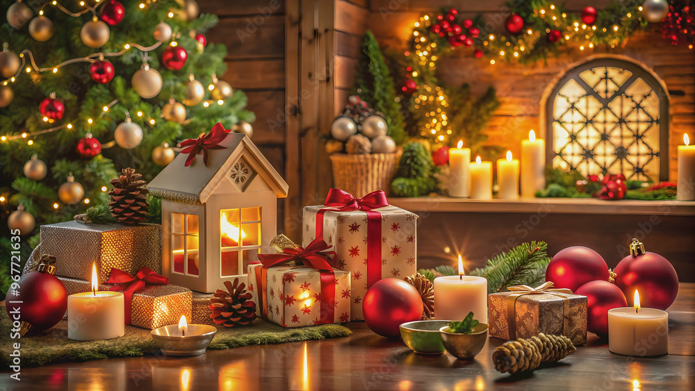 Home decorated with Christmas ornaments, gift boxes, and candlelight, Christmas, decorations, festive, holiday, ornaments, gifts, boxes Home decorated with Christmas ornaments, gift boxes, and candlelight, Christmas, decorations, festive, holiday, ornaments, gifts, boxes