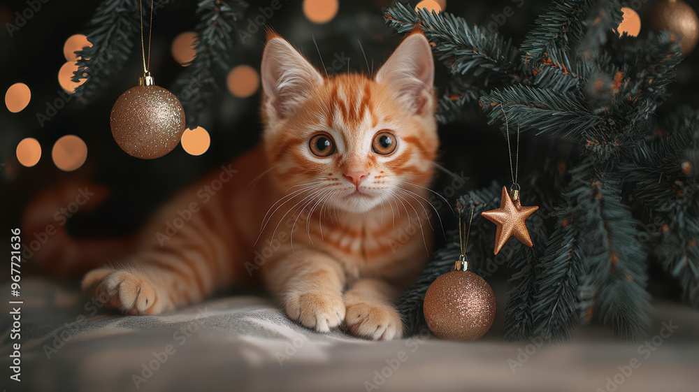 orange kitten by beautiful Christmas tree with star ornaments on in a minimalist living room orange kitten by beautiful Christmas tree with star ornaments on in a minimalist living room