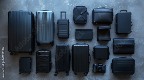 Different-sized black luggage sets are arranged meticulously on a floor, epitomizing precision, travel plans, and preparation. photo