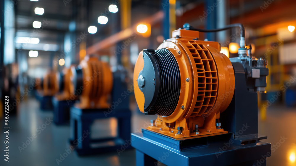 Close-up of large industrial motors in a factory, showing precision machinery and manufacturing equipment in a production line. Close-up of large industrial motors in a factory, showing precision machinery and manufacturing equipment in a production line.