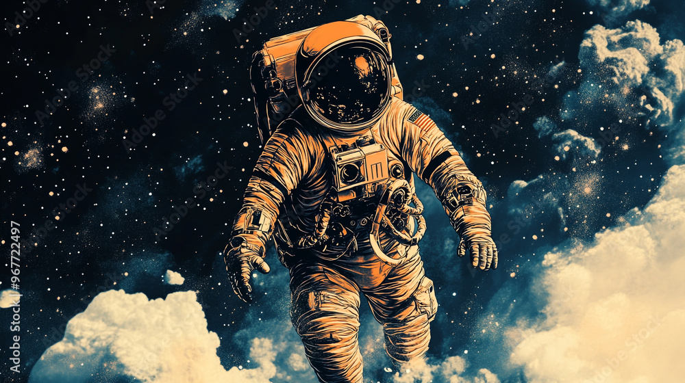 Fototapeta premium An astronaut floats in deep space, surrounded by vibrant clouds of cosmic dust and distant stars on a clear night