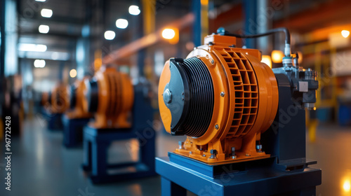 Close-up of large industrial motors in a factory, showing precision machinery and manufacturing equipment in a production line.