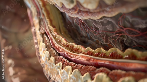 Cross-section of the human stomach, illustrating the layers of muscle and the process of digestion and nutrient absorption. photo