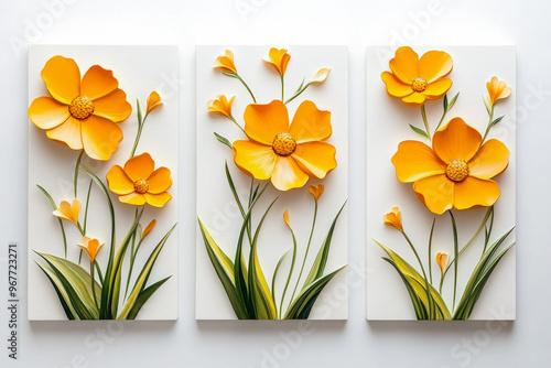 Oil paintings artwork, floral spring summer triptych, blooming yellow flowers