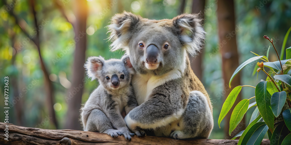 Koala and joey in eucalyptus forest setting, Koala, joey, Australian wildlife, nature Koala and joey in eucalyptus forest setting, Koala, joey, Australian wildlife, nature