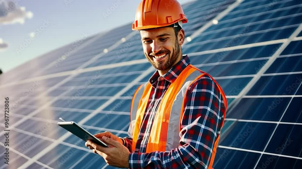 Solar energy engineer handsome look camera using a tablet for check power station on the roof. Solar energy engineer handsome look camera using a tablet for check power station on the roof.