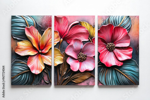 Oil paintings artwork, floral spring summer triptych, blooming tropical flowers