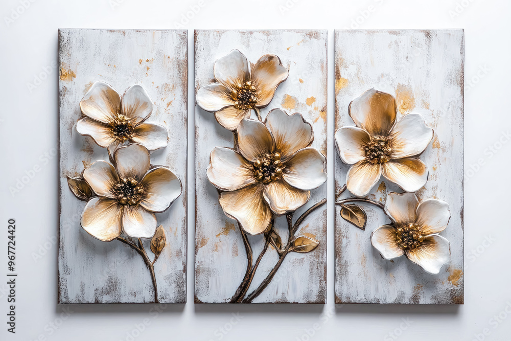 Oil paintings artwork, floral spring scenics triptych, blooming sakura branch Oil paintings artwork, floral spring scenics triptych, blooming sakura branch