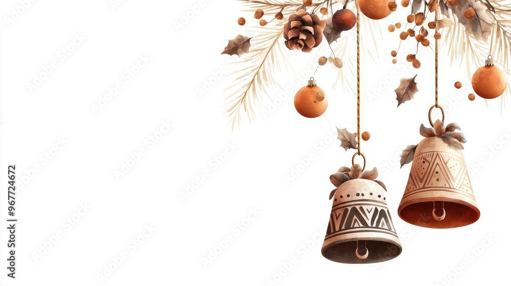Obraz premium Elegant holiday bells adorned with pine and berries, perfect for festive season decorations and seasonal greeting cards.