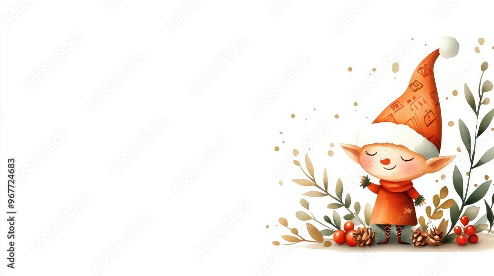 Cheerful elf character in festive attire surrounded by greenery and decor, perfect for holiday-themed designs and illustrations. Cheerful elf character in festive attire surrounded by greenery and decor, perfect for holiday-themed designs and illustrations.