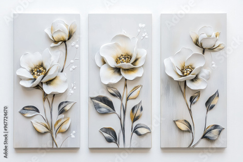 Oil paintings artwork, floral spring summer triptych, blooming poppy flowers