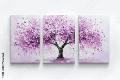 Oil paintings artwork, floral spring scenics triptych, blooming violet tree