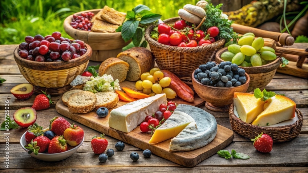 A bounty of fresh fruits, artisanal cheeses, and crusty breads arranged on a rustic wooden table, perfect for A bounty of fresh fruits, artisanal cheeses, and crusty breads arranged on a rustic wooden table, perfect for