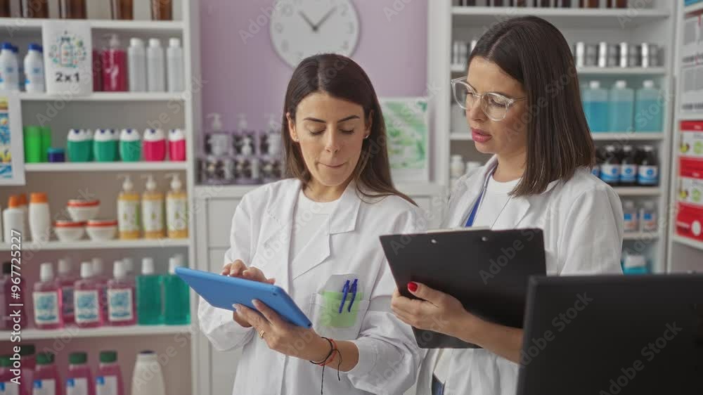 Two women pharmacists in a pharmacy shop discussing work using a tablet and clipboard while surrounded by various healthcare products. Two women pharmacists in a pharmacy shop discussing work using a tablet and clipboard while surrounded by various healthcare products.