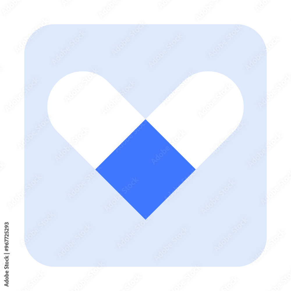 A blue and white capsule forms a heart shape against a light blue square background. Ideal for healthcare, pharmacy, medication, wellness, and pharmaceutical vectors. Simple, clean style. A blue and white capsule forms a heart shape against a light blue square background. Ideal for healthcare, pharmacy, medication, wellness, and pharmaceutical vectors. Simple, clean style.