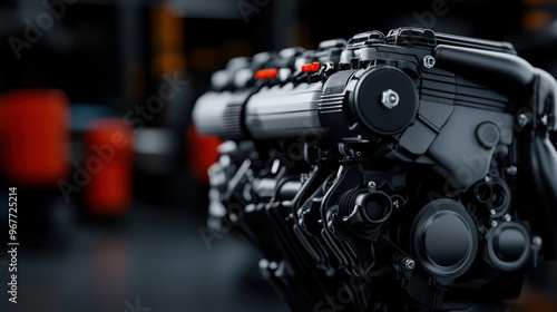 Detailed view of a black automotive engine in a workshop, showcasing mechanical engineering, motor technology, and vehicle performance.