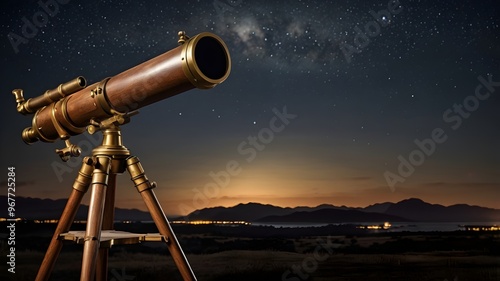  antique telescope mounted on a wooden tripod under the night sky

