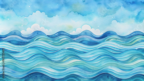 Cute watercolor sea pattern with blue waves in the ocean, watercolor, sea, seamless, pattern, cute, waves, ocean